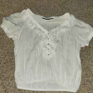 Zara White Short-Sleeve Ruffle Button Crop Top